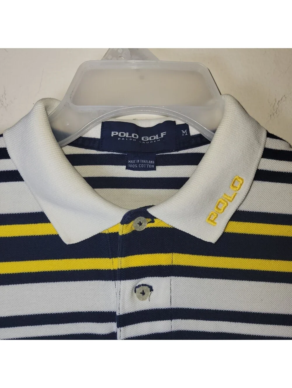 Polo Golf Ralph Lauren Men's M White Navy Blue Yellow Striped Short Sleeve Polo